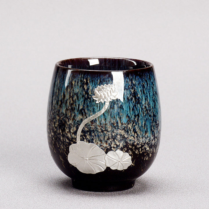 Buddha Stones Silver Lotus Flower Leaf Chinese Jianzhan Ceramic Teacup Kung Fu Tea Cup 150ml - Navy Blue 6cm*7.5cm*150ml - image 0