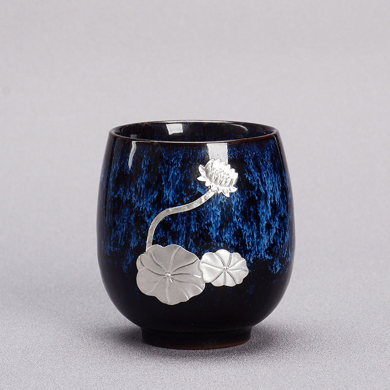 Buddha Stones Silver Lotus Flower Leaf Chinese Jianzhan Ceramic Teacup Kung Fu Tea Cup 150ml - Blue 6cm*7.5cm*150ml - image 10