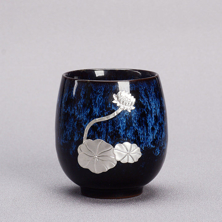 Buddha Stones Silver Lotus Flower Leaf Chinese Jianzhan Ceramic Teacup Kung Fu Tea Cup 150ml - Blue 6cm*7.5cm*150ml - image 10
