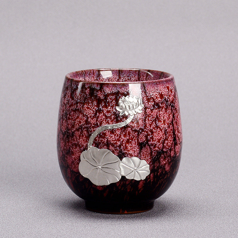 Buddha Stones Silver Lotus Flower Leaf Chinese Jianzhan Ceramic Teacup Kung Fu Tea Cup 150ml - Purple 6cm*7.5cm*150ml - image 8
