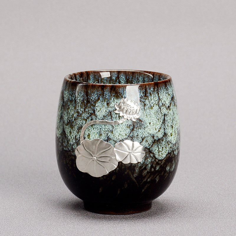 Buddha Stones Silver Lotus Flower Leaf Chinese Jianzhan Ceramic Teacup Kung Fu Tea Cup 150ml - Green Brown 6cm*7.5cm*150ml - image 9