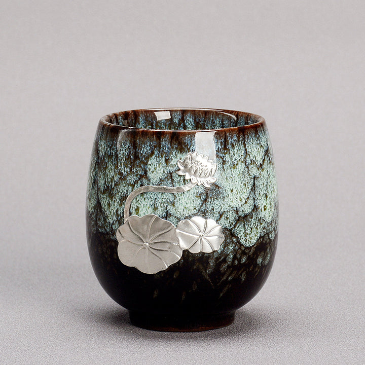 Buddha Stones Silver Lotus Flower Leaf Chinese Jianzhan Ceramic Teacup Kung Fu Tea Cup 150ml - Green Brown 6cm*7.5cm*150ml - image 9