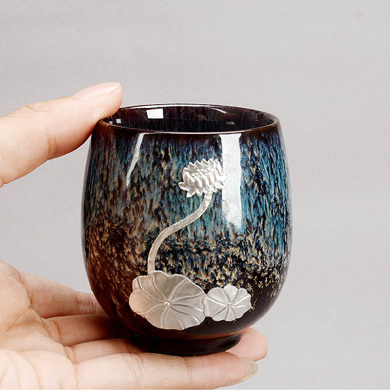 Buddha Stones Silver Lotus Flower Leaf Chinese Jianzhan Ceramic Teacup Kung Fu Tea Cup 150ml - image 3