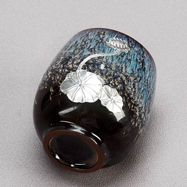 Buddha Stones Silver Lotus Flower Leaf Chinese Jianzhan Ceramic Teacup Kung Fu Tea Cup 150ml - image 4