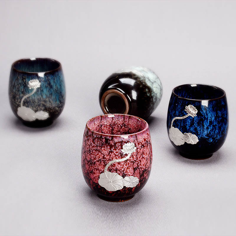 Buddha Stones Silver Lotus Flower Leaf Chinese Jianzhan Ceramic Teacup Kung Fu Tea Cup 150ml - image 1