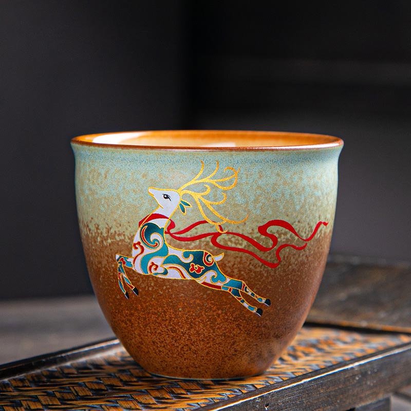 Buddha Stones Colorful Deer Pipa Snow Plum Blossoms Mountains Rivers Bird Ceramic Teacup Kung Fu Tea Cup Bowl - 7.5cm*6.5cm*150ml - Colorful Deer - image 1
