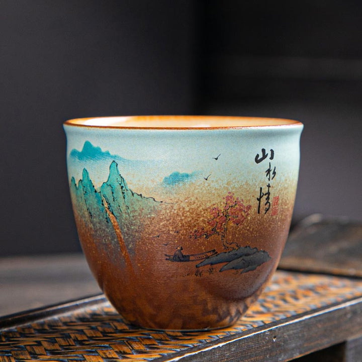 Buddha Stones Colorful Deer Pipa Snow Plum Blossoms Mountains Rivers Bird Ceramic Teacup Kung Fu Tea Cup Bowl - 7.5cm*6.5cm*150ml - Mountains And Rivers - image 9