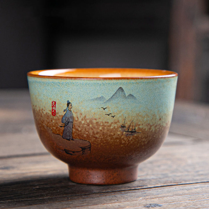 Buddha Stones Colorful Deer Pipa Snow Plum Blossoms Mountains Rivers Bird Ceramic Teacup Kung Fu Tea Cup Bowl - 7cm*5cm*100ml - Person Mountain Birds - image 30