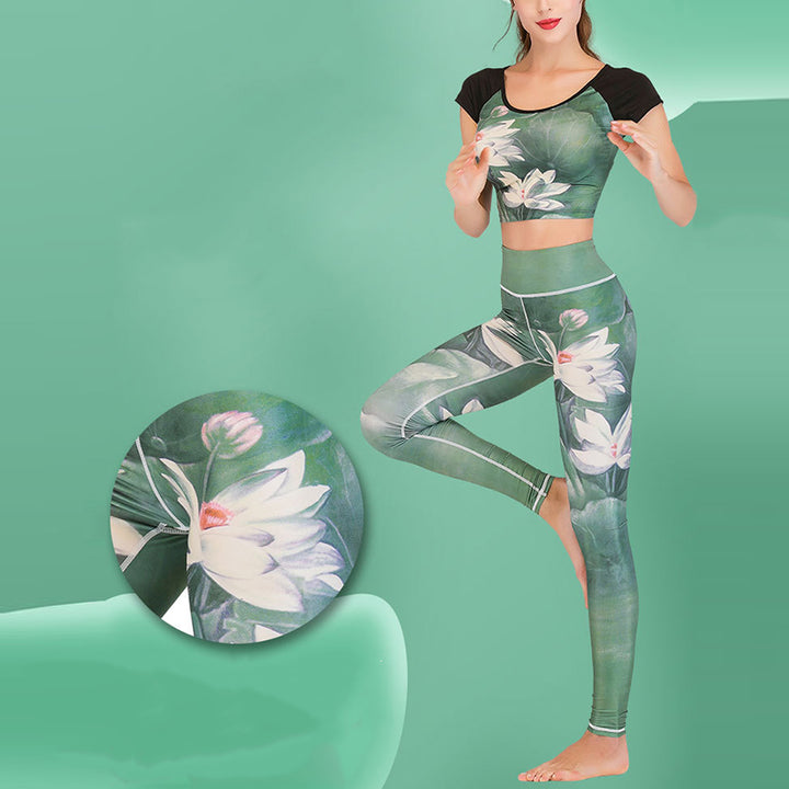 Buddha Stones 2Pcs Lotus Phoenix Spring Flowers Peacock Print Top Pants Sports Fitness Yoga Women's Yoga Sets - image 2