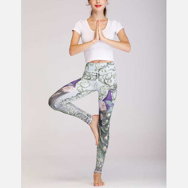 Buddha Stones 2Pcs Lotus Phoenix Spring Flowers Peacock Print Top Pants Sports Fitness Yoga Women's Yoga Sets - image 19