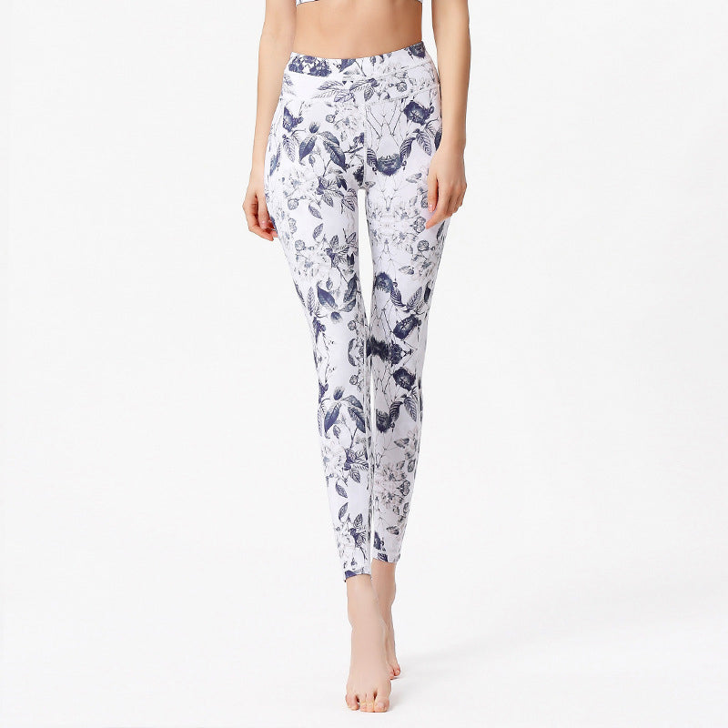 Buddha Stones Flowers Leaves Print Pants Sports Fitness Yoga Leggings Women's Yoga Pants - White Blue - US8-10，UK/AU12-14，EU40-42 (XL) - image 5