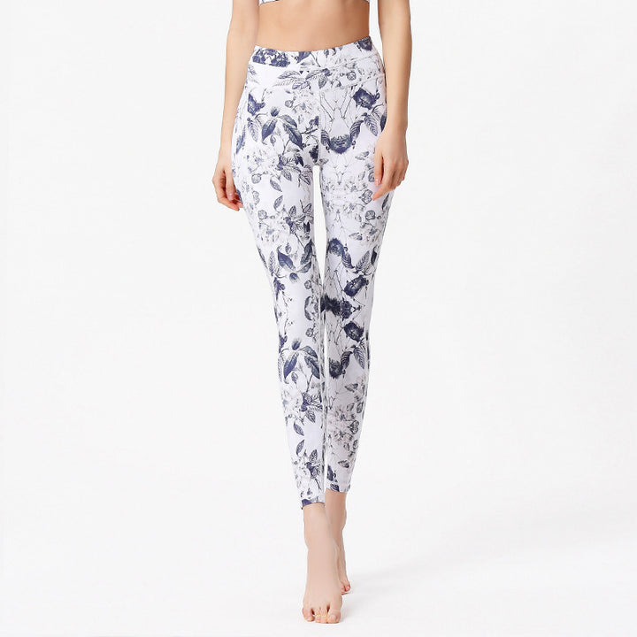 Buddha Stones Flowers Leaves Print Pants Sports Fitness Yoga Leggings Women's Yoga Pants - White Blue - US8-10，UK/AU12-14，EU40-42 (XL) - image 5