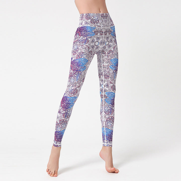 Buddha Stones Flowers Leaves Birds Print Pants Sports Fitness Yoga Leggings Women's Yoga Pants - Purple Blue White - US8-10，UK/AU12-14，EU40-42 (XL) - image 0
