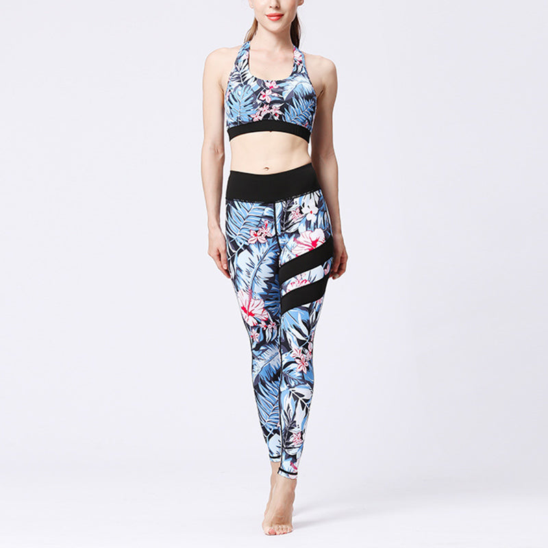 Buddha Stones 2Pcs Sunflower Flowers Leaves Print Top Pants Sports Fitness Yoga Women's Yoga Sets - Blue Leaves Pink Flowers - US8-10，UK/AU12-14，EU40-42 (XL)  - image 21