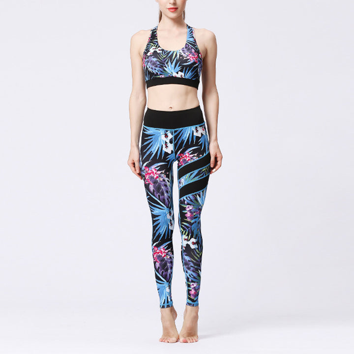 Buddha Stones 2Pcs Sunflower Flowers Leaves Print Top Pants Sports Fitness Yoga Women's Yoga Sets - Black Blue Leaves - US8-10，UK/AU12-14，EU40-42 (XL)  - image 32