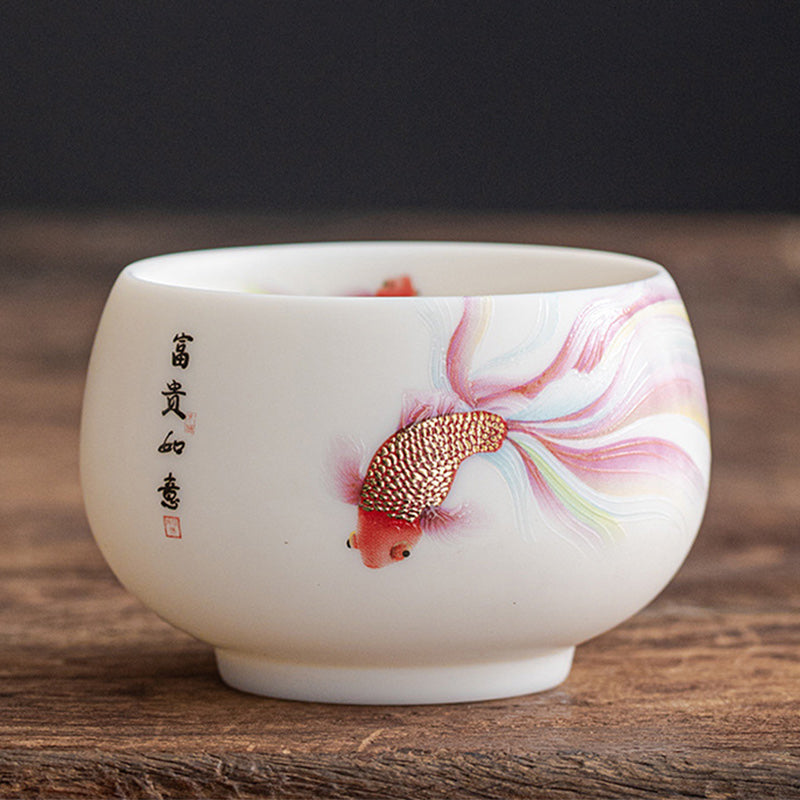 Buddha Stones Koi Fish White Porcelain Ceramic Teacup Kung Fu Tea Cup - Koi Fish - 8.7cm*5.8cm*200ml - image 1