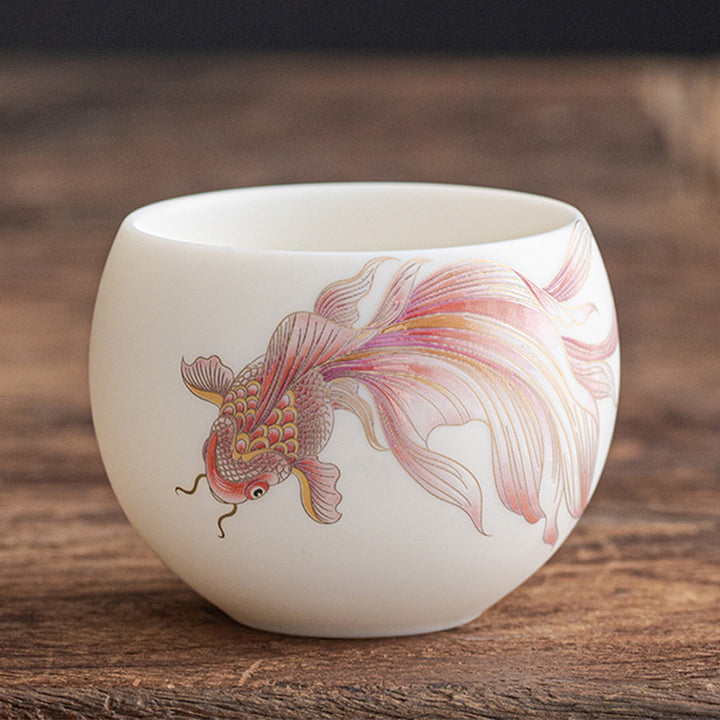Buddha Stones Koi Fish White Porcelain Ceramic Teacup Kung Fu Tea Cup - Red Koi Fish - 7.6cm*5.7cm*150ml - image 15