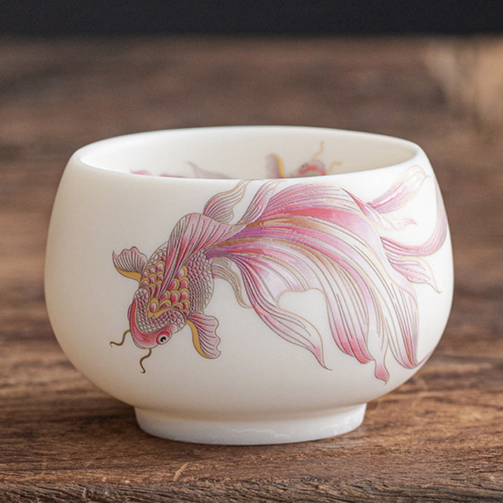 Buddha Stones Koi Fish White Porcelain Ceramic Teacup Kung Fu Tea Cup - Red Koi Fish - 8.7cm*5.8cm*200ml - image 16