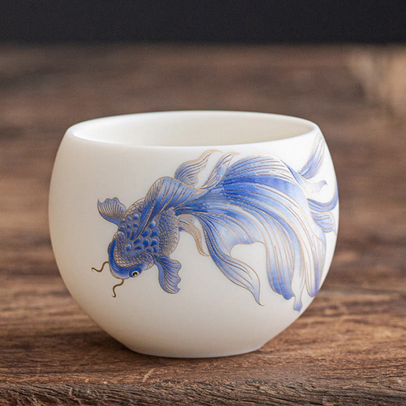 Buddha Stones Koi Fish White Porcelain Ceramic Teacup Kung Fu Tea Cup - Blue Koi Fish - 7.6cm*5.7cm*150ml - image 19