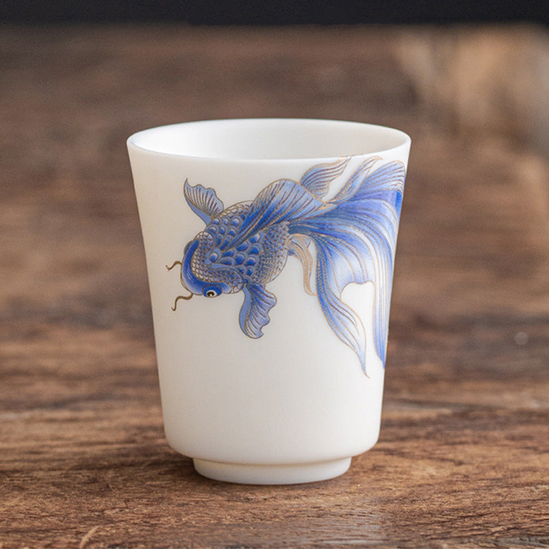 Buddha Stones Koi Fish White Porcelain Ceramic Teacup Kung Fu Tea Cup - Blue Koi Fish - 5.2cm*6.3cm*65ml - image 23