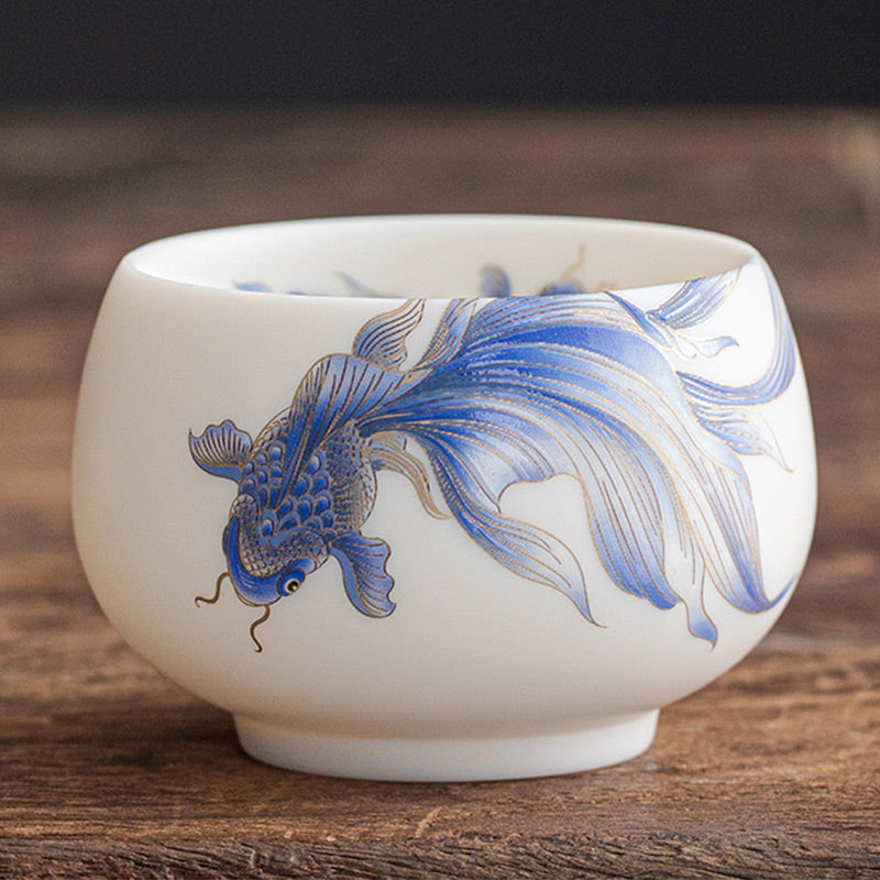 Buddha Stones Koi Fish White Porcelain Ceramic Teacup Kung Fu Tea Cup - Blue Koi Fish - 8.7cm*5.8cm*200ml - image 21