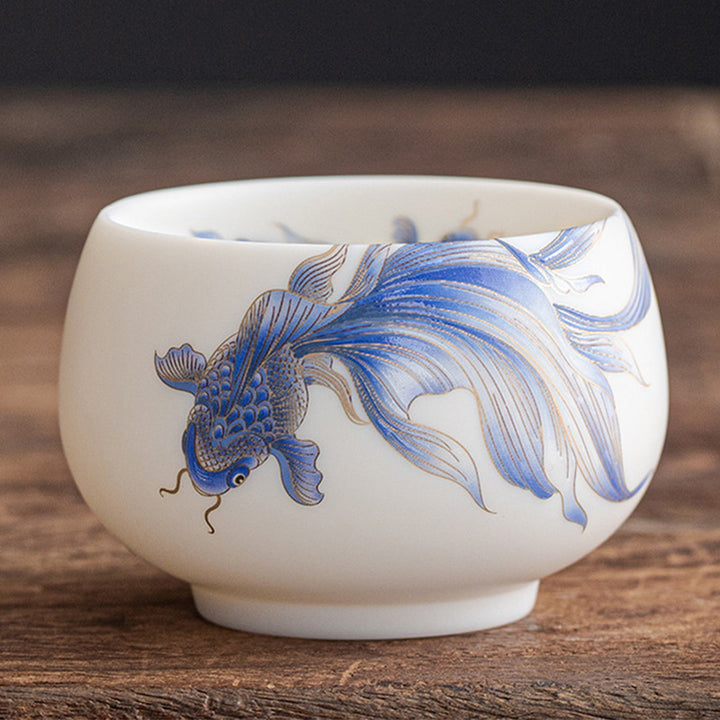 Buddha Stones Koi Fish White Porcelain Ceramic Teacup Kung Fu Tea Cup - Blue Koi Fish - 8.7cm*5.8cm*200ml - image 21