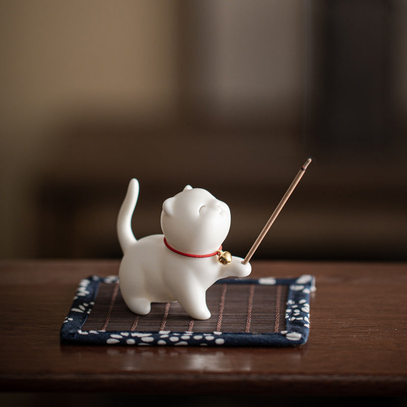 Buddha Stones Mini Lucky Cat Kitten Tea Pet Ceramic Home Desk Figurine Decoration With Bamboo Mat - White Kitten 6.2cm*3.2cm*5.6cm - image 0