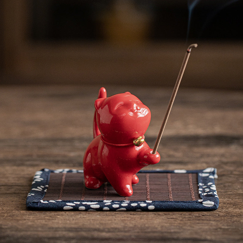 Buddha Stones Mini Lucky Cat Kitten Tea Pet Ceramic Home Desk Figurine Decoration With Bamboo Mat - Red Kitten 6.2cm*3.2cm*5.6cm - image 16