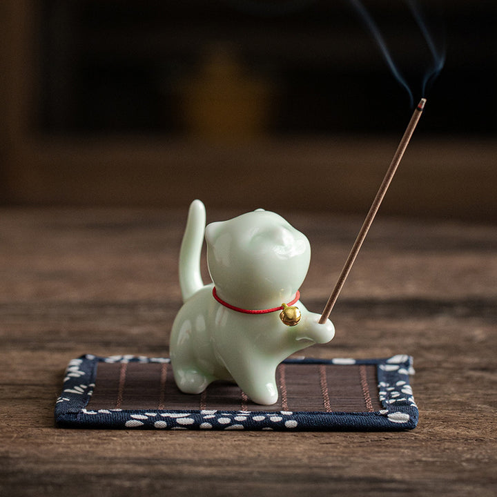 Buddha Stones Mini Lucky Cat Kitten Tea Pet Ceramic Home Desk Figurine Decoration With Bamboo Mat - Green Kitten 6.2cm*3.2cm*5.6cm - image 11