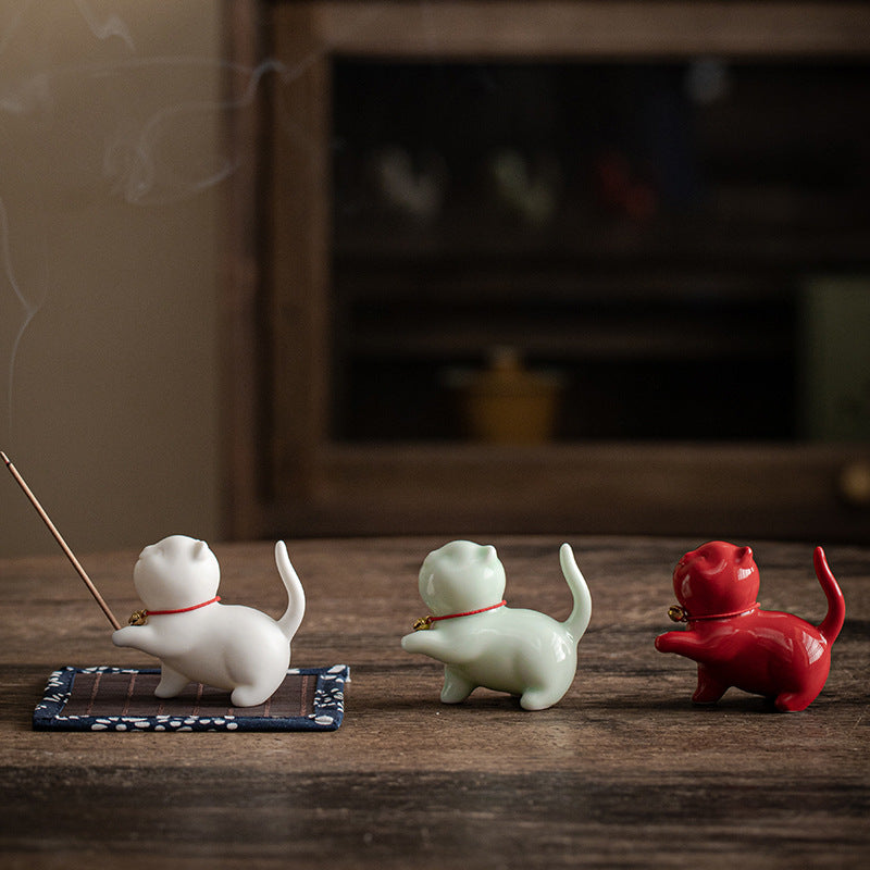Buddha Stones Mini Lucky Cat Kitten Tea Pet Ceramic Home Desk Figurine Decoration With Bamboo Mat - image 17