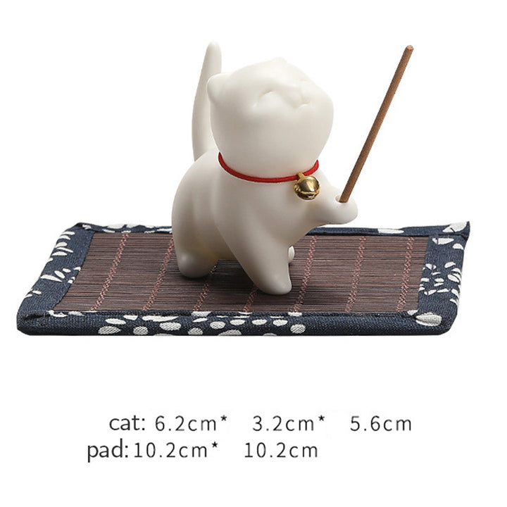 Buddha Stones Mini Lucky Cat Kitten Tea Pet Ceramic Home Desk Figurine Decoration With Bamboo Mat - image 9