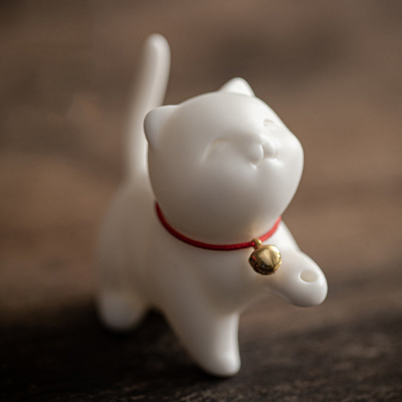 Buddha Stones Mini Lucky Cat Kitten Tea Pet Ceramic Home Desk Figurine Decoration With Bamboo Mat - image 6