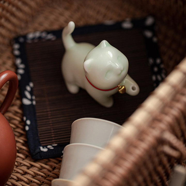 Buddha Stones Mini Lucky Cat Kitten Tea Pet Ceramic Home Desk Figurine Decoration With Bamboo Mat - image 15