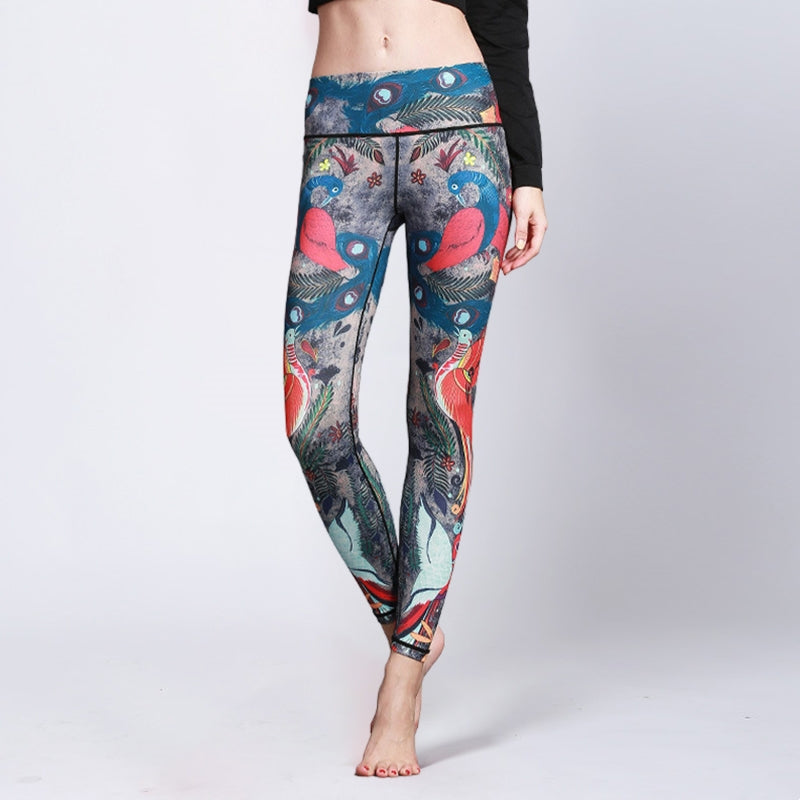 Buddha Stones Red Blue Peacock Feather Print Pants Sports Fitness Yoga Leggings Women's Yoga Pants - US8-10，UK/AU12-14，EU40-42 (XL) - image 0