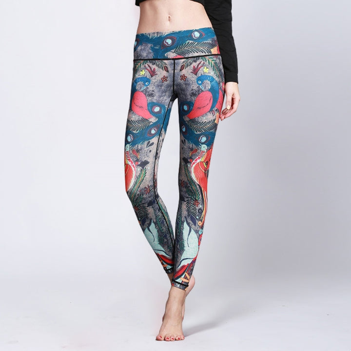 Buddha Stones Red Blue Peacock Feather Print Pants Sports Fitness Yoga Leggings Women's Yoga Pants - US8-10，UK/AU12-14，EU40-42 (XL) - image 0