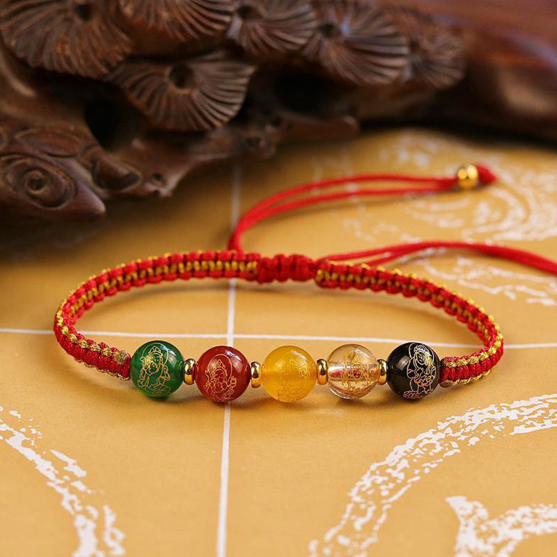 Buddha Stones Five Directions Gods of Wealth Agate Handmade Protection String Braid Bracelet - Red Gold Rope(Wrist Circumference 14-16cm) - image 3