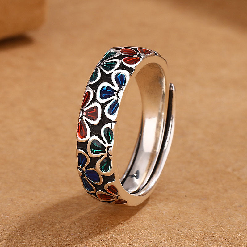 Buddha Stones Colorful Plum Blossoms Design Healing Copper Adjustable Ring - Adjustable - image 0