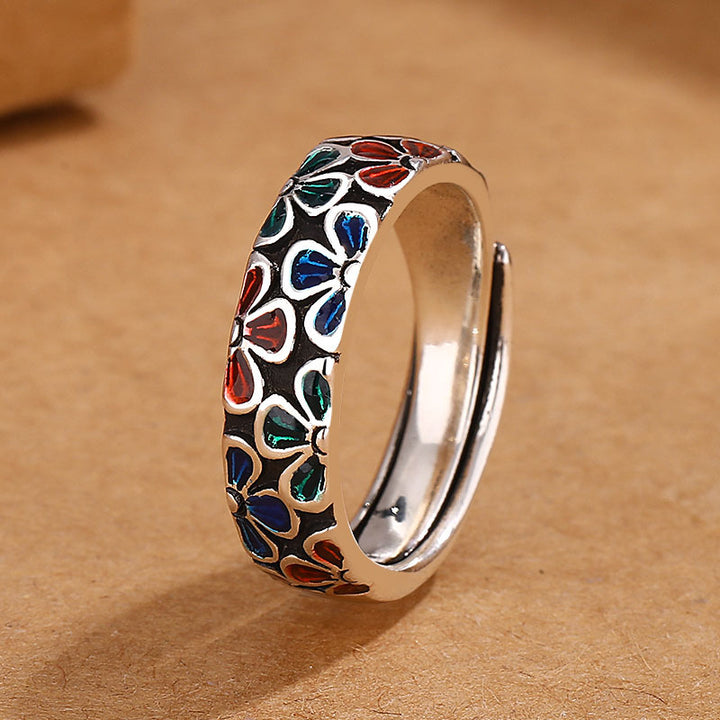 Buddha Stones Colorful Plum Blossoms Design Healing Copper Adjustable Ring - Adjustable - image 0
