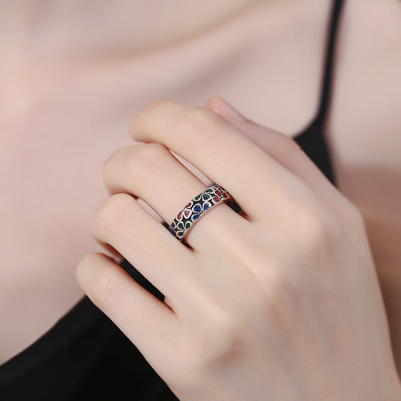 Buddha Stones Colorful Plum Blossoms Design Healing Copper Adjustable Ring - image 4