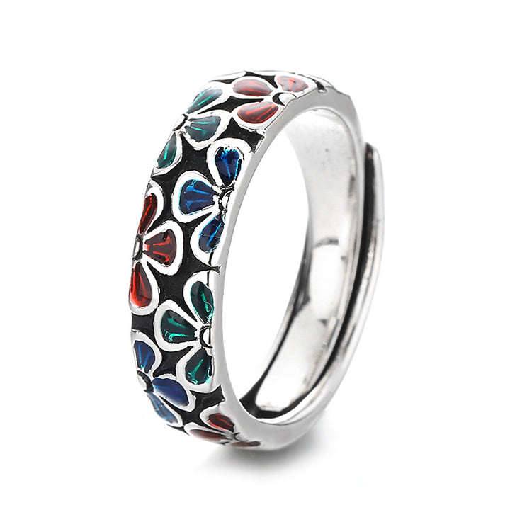 Buddha Stones Colorful Plum Blossoms Design Healing Copper Adjustable Ring - image 3