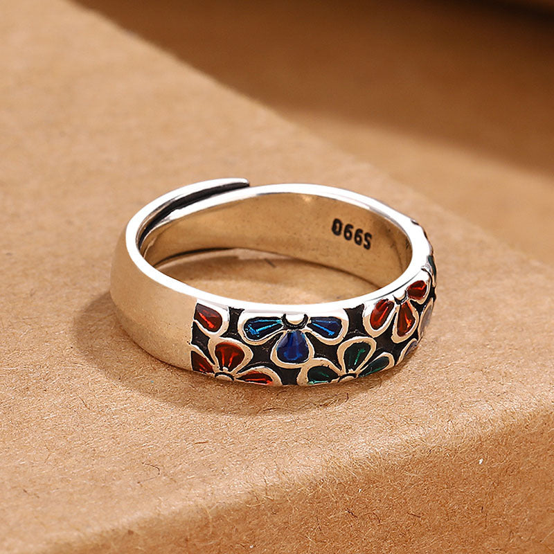 Buddha Stones Colorful Plum Blossoms Design Healing Copper Adjustable Ring - image 2