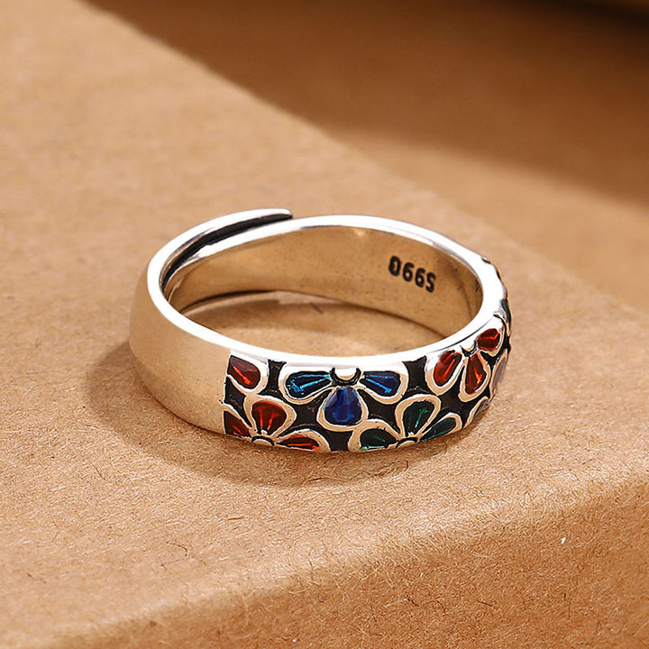 Buddha Stones Colorful Plum Blossoms Design Healing Copper Adjustable Ring - image 2