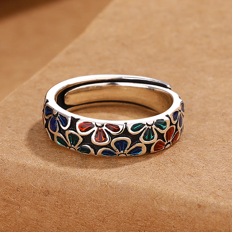 Buddha Stones Colorful Plum Blossoms Design Healing Copper Adjustable Ring - image 1