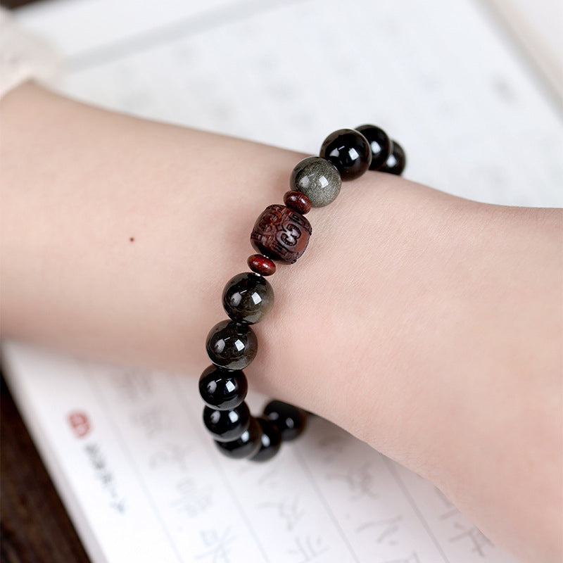 Buddha Stones Natural Gold Sheen Obsidian Rainbow Obsidian Om Mani Padme Hum Fu Character Healing Bracelet - 10mm Gold Sheen Obsidian&Auspicious Clouds (Wrist Circumference 14-16cm) - image 18
