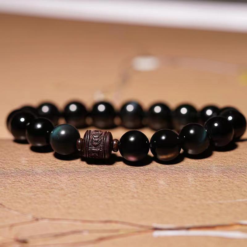 Buddha Stones Natural Gold Sheen Obsidian Rainbow Obsidian Om Mani Padme Hum Fu Character Healing Bracelet - 12mm Rainbow Obsidian Om Mani Padme Hum(Wrist Circumference 14-16cm) - image 28