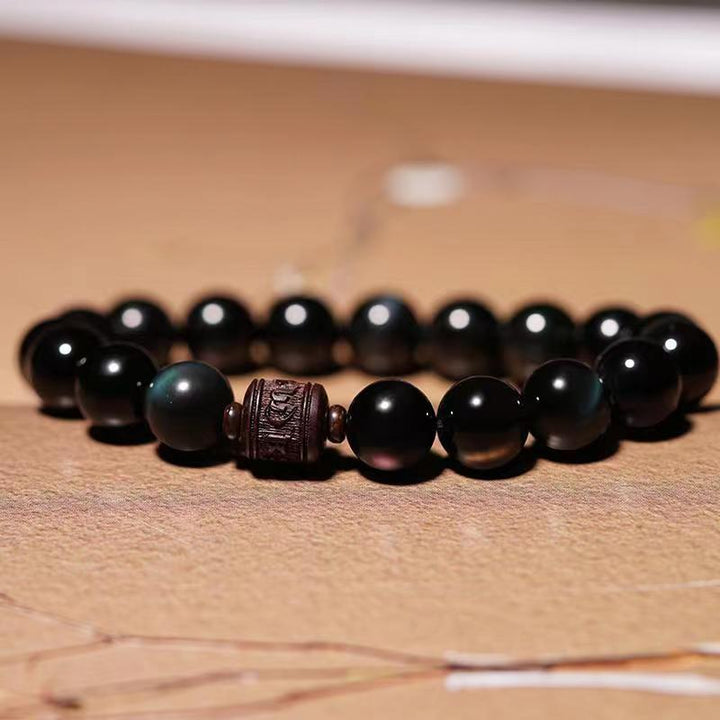 Buddha Stones Natural Gold Sheen Obsidian Rainbow Obsidian Om Mani Padme Hum Fu Character Healing Bracelet - 12mm Rainbow Obsidian Om Mani Padme Hum(Wrist Circumference 14-16cm) - image 28