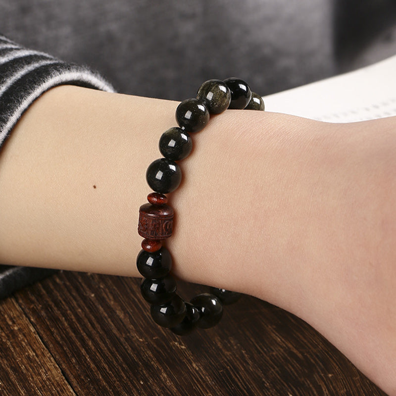 Buddha Stones Natural Gold Sheen Obsidian Rainbow Obsidian Om Mani Padme Hum Fu Character Healing Bracelet - image 8