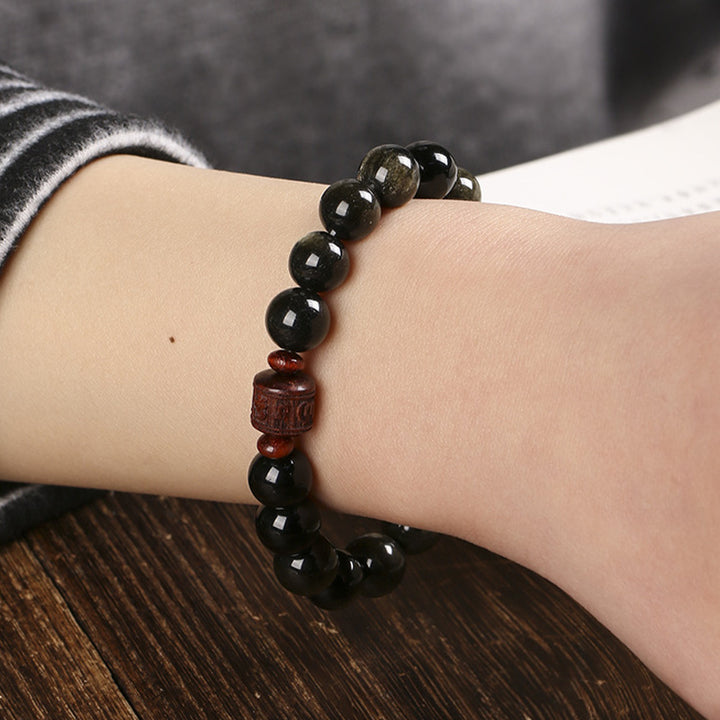 Buddha Stones Natural Gold Sheen Obsidian Rainbow Obsidian Om Mani Padme Hum Fu Character Healing Bracelet - image 8