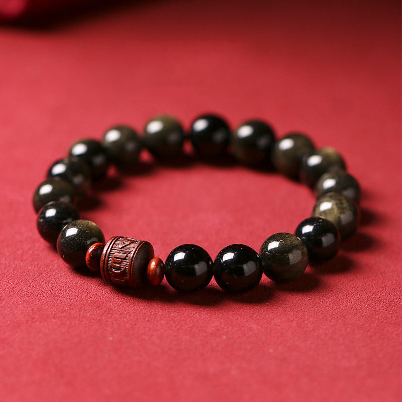 Buddha Stones Natural Gold Sheen Obsidian Rainbow Obsidian Om Mani Padme Hum Fu Character Healing Bracelet - image 3