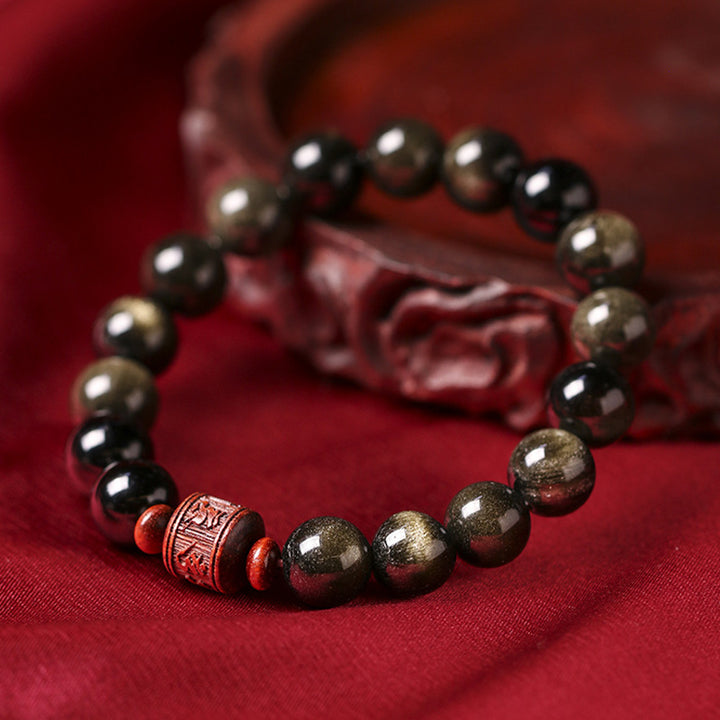 Buddha Stones Natural Gold Sheen Obsidian Rainbow Obsidian Om Mani Padme Hum Fu Character Healing Bracelet - image 7